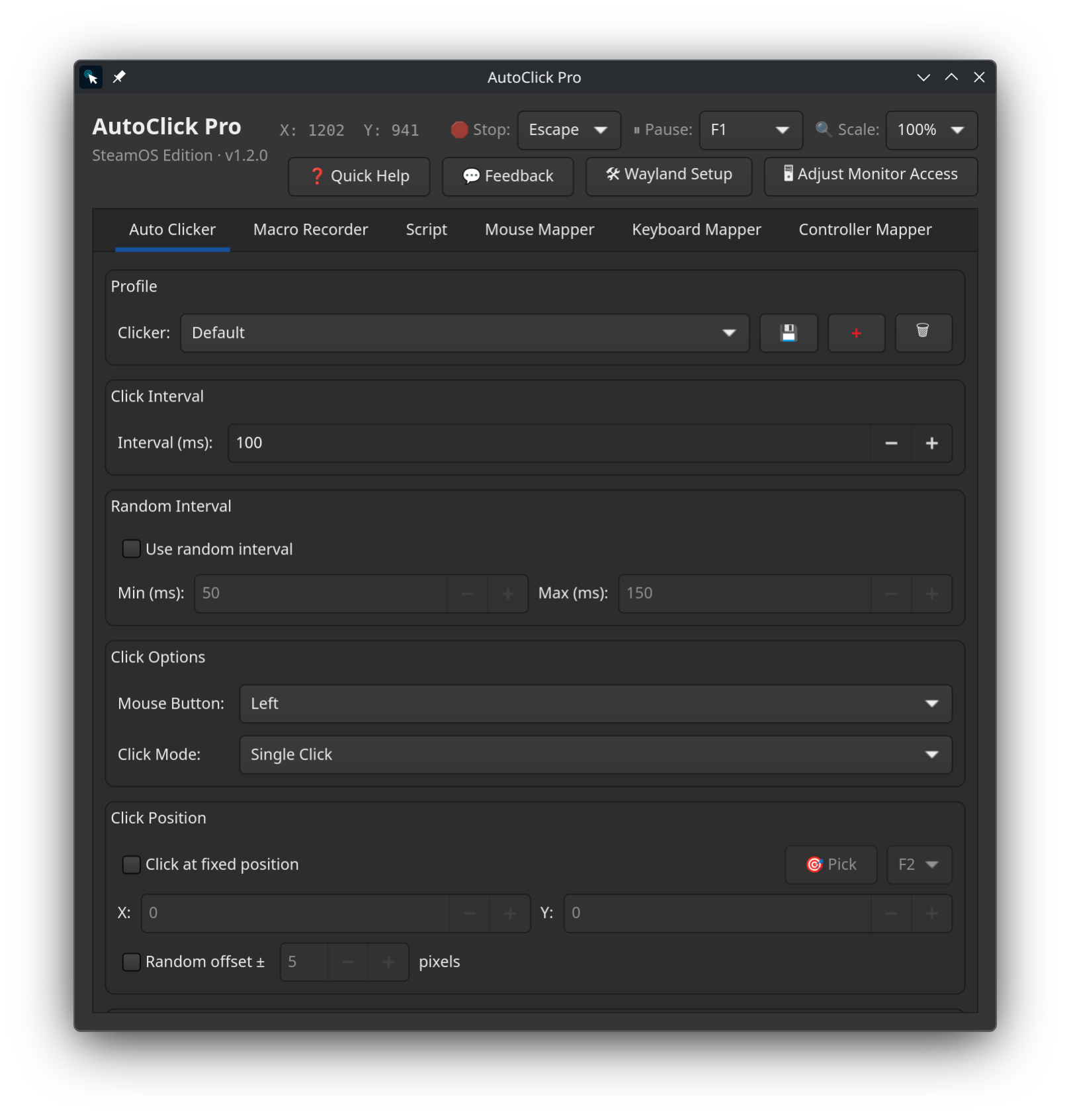 AutoClick Pro auto clicker tab on SteamOS and Linux showing click interval, random interval, mouse button, click mode, and click position settings, with Wayland Setup and monitor access buttons in the header