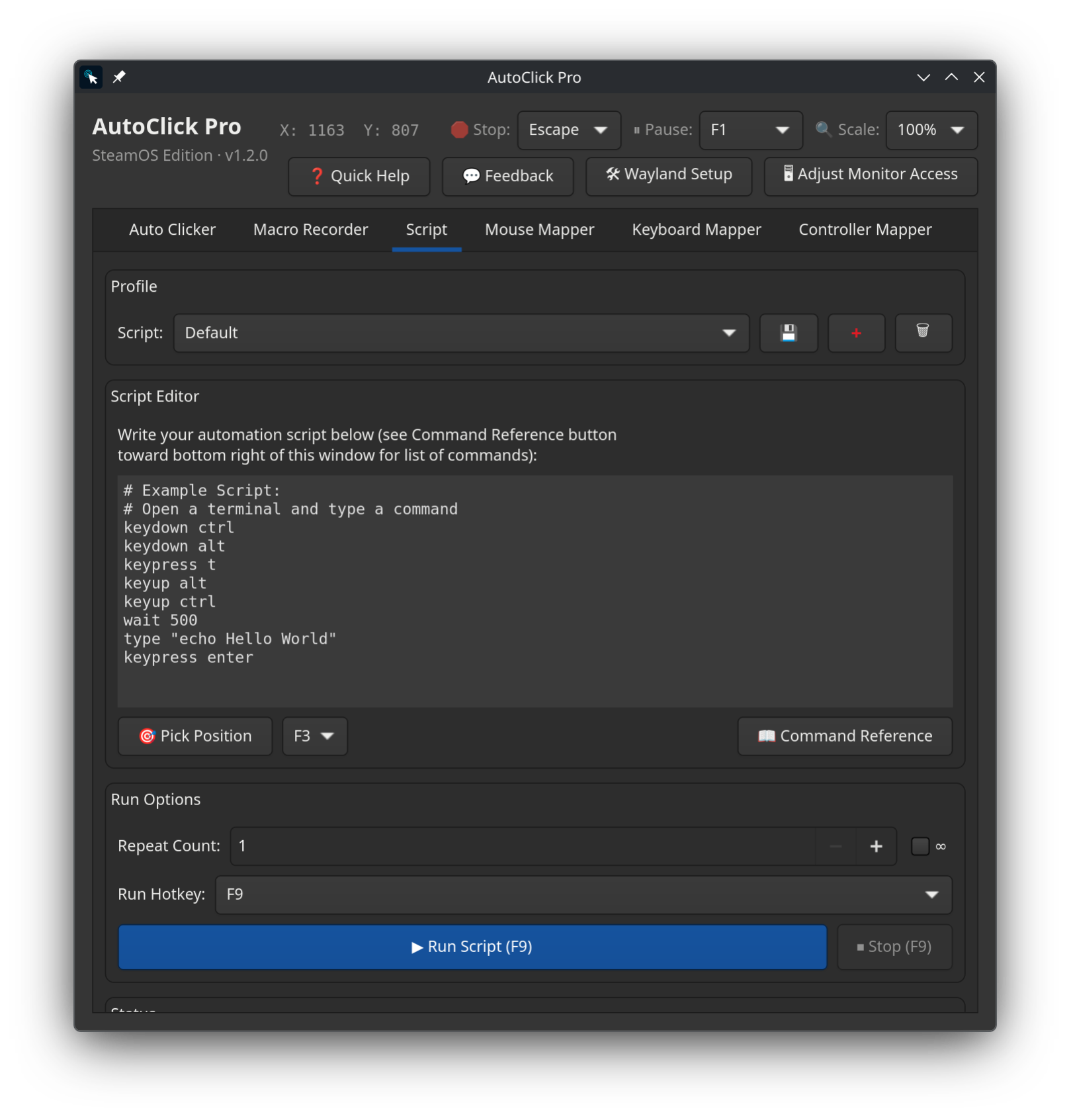 AutoClick Pro script tab on SteamOS and Linux showing an example automation script with keydown, keypress, wait, and type commands, plus a pick-position hotkey and command reference