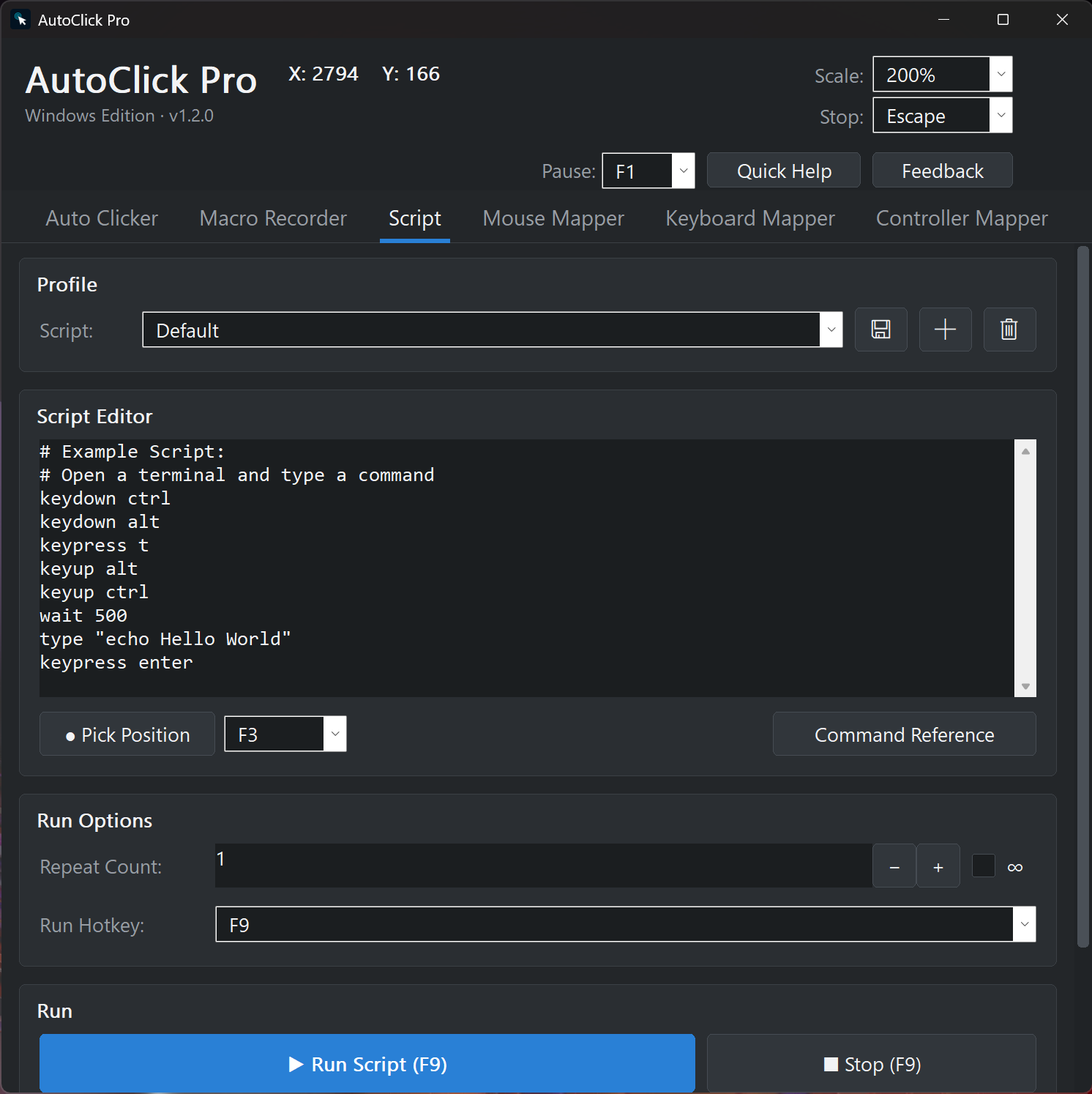 AutoClick Pro script tab on Windows showing an example automation script with keydown, keypress, wait, and type commands, plus a pick-position hotkey and command reference