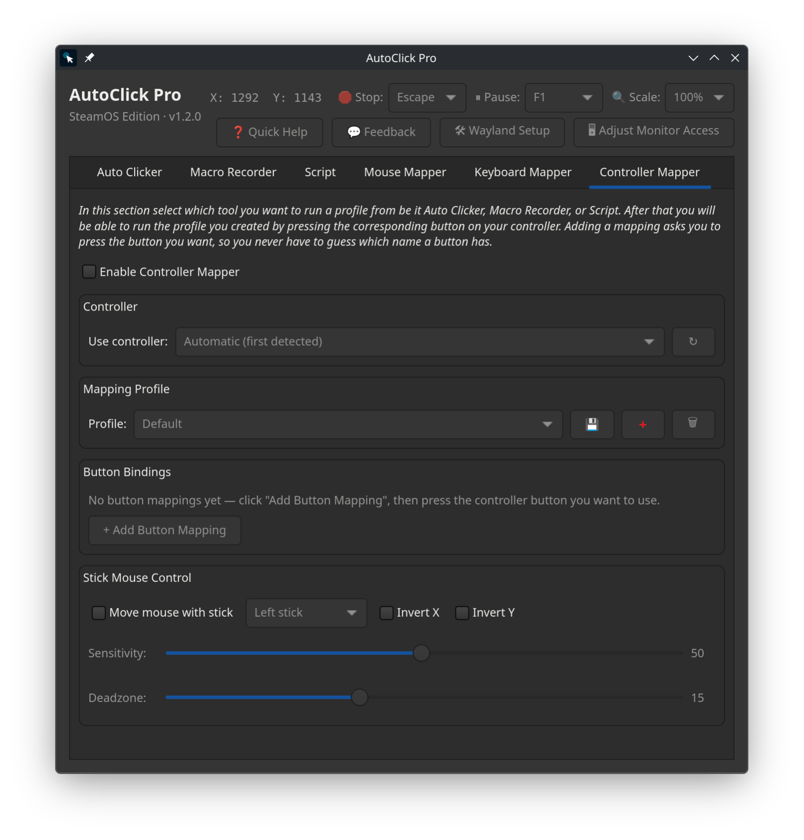 AutoClick Pro Controller Mapper tab on SteamOS and Linux mapping gamepad buttons to saved profiles, with analog stick mouse control including sensitivity and deadzone sliders and invert options