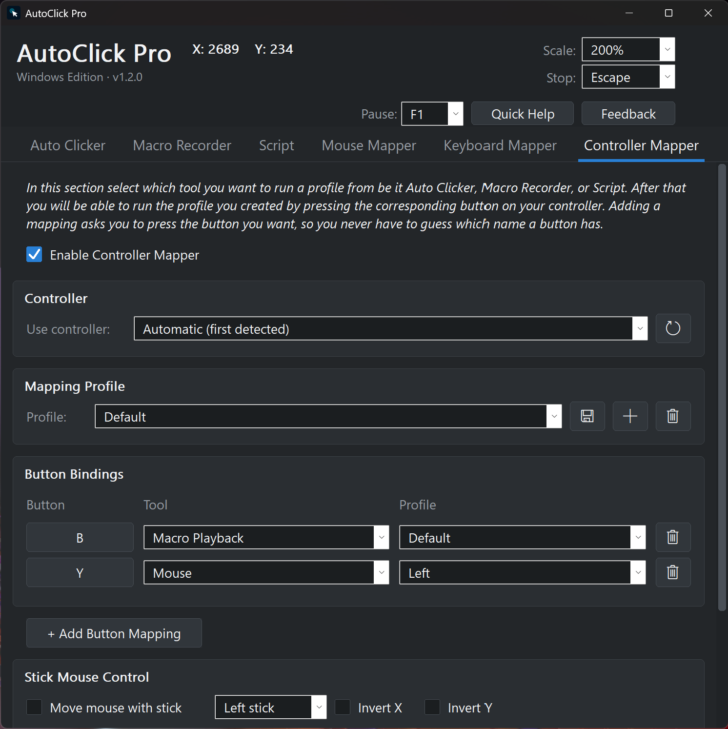 AutoClick Pro Controller Mapper tab on Windows mapping gamepad buttons to saved profiles, with analog stick mouse control including sensitivity, deadzone, and invert options