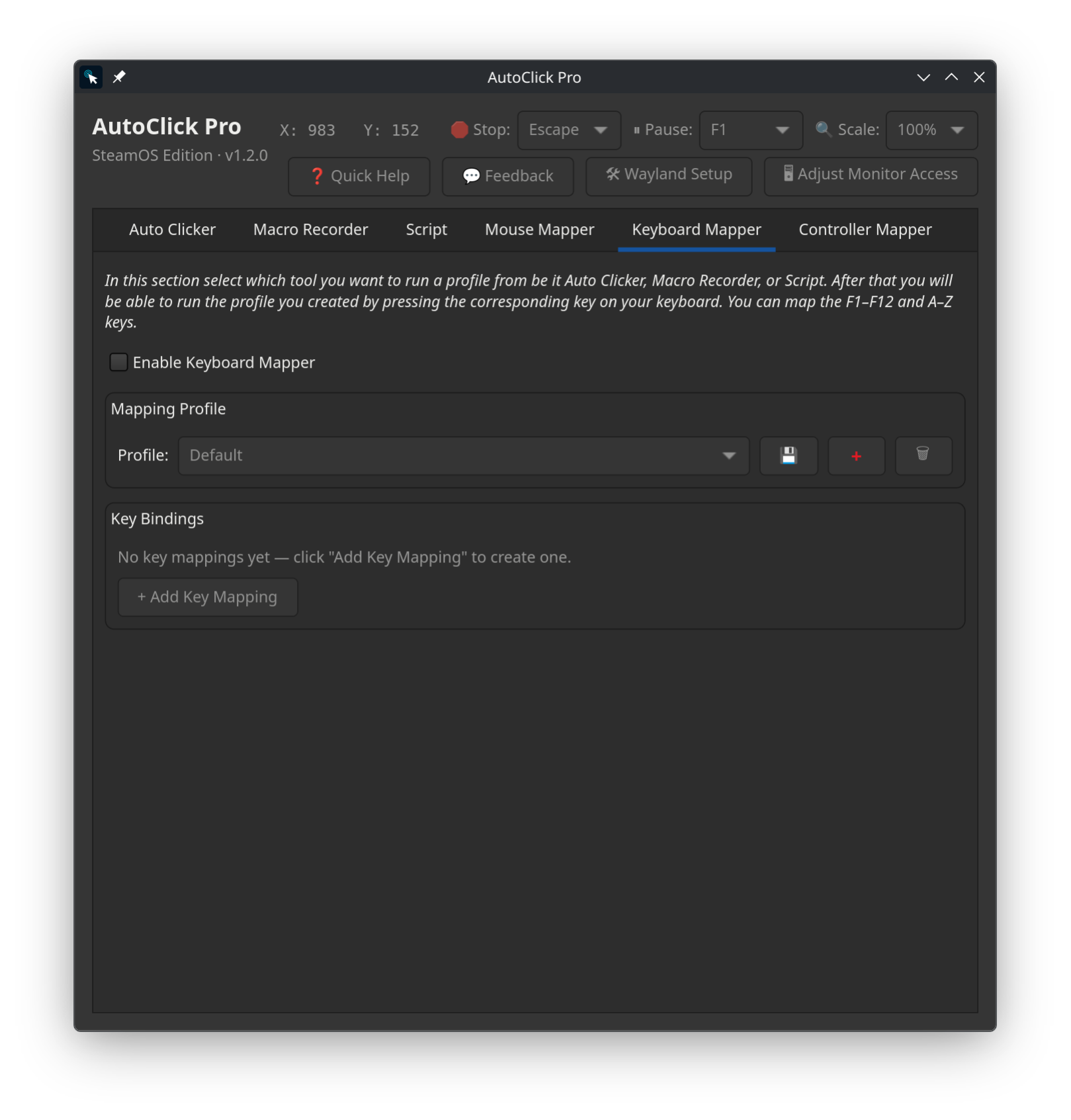 AutoClick Pro Keyboard Mapper tab on SteamOS and Linux binding keyboard keys to saved auto clicker, macro, and script profiles