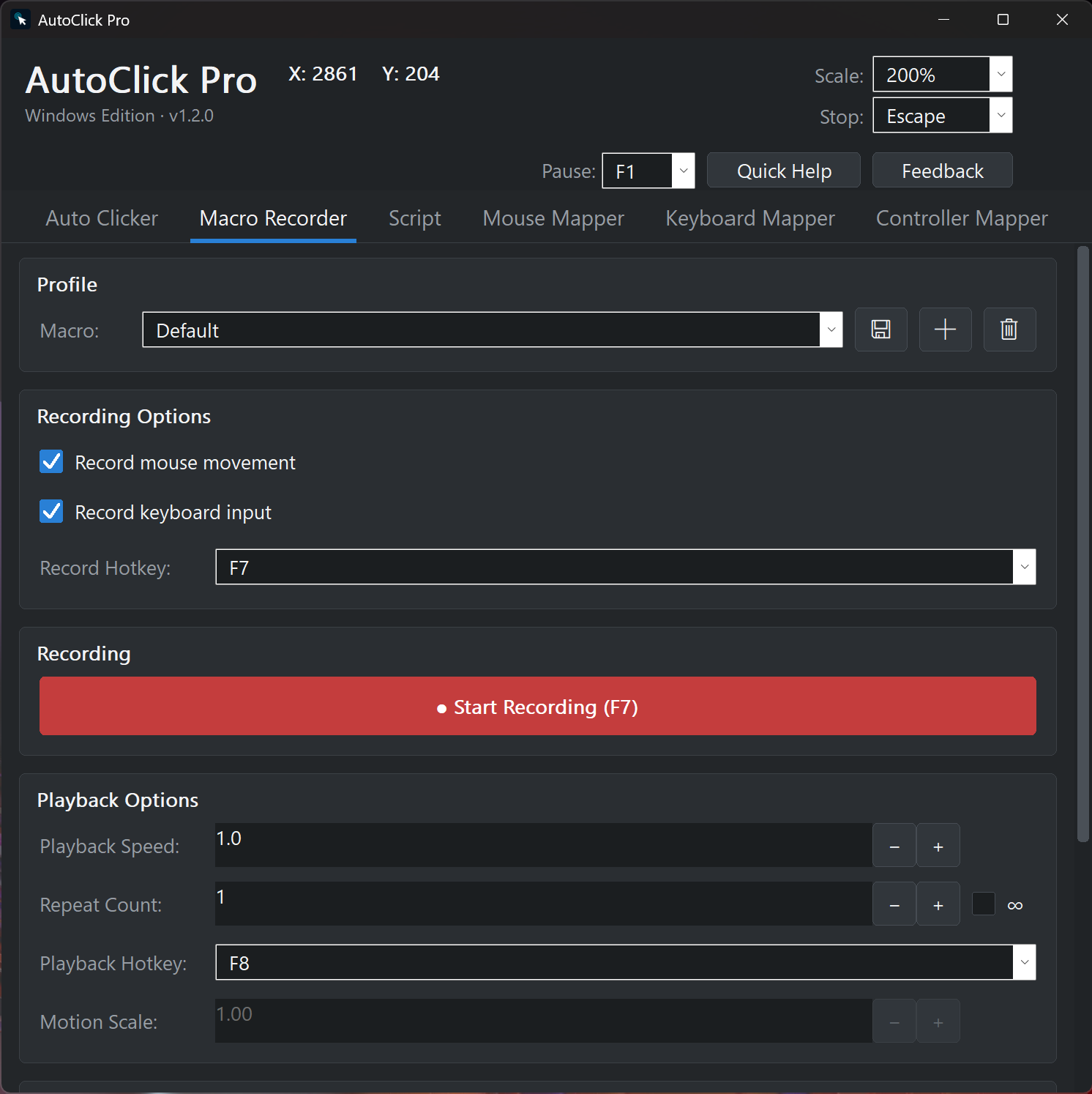 AutoClick Pro macro recorder tab on Windows with recording options, record hotkey, playback speed, repeat count, and motion scale controls